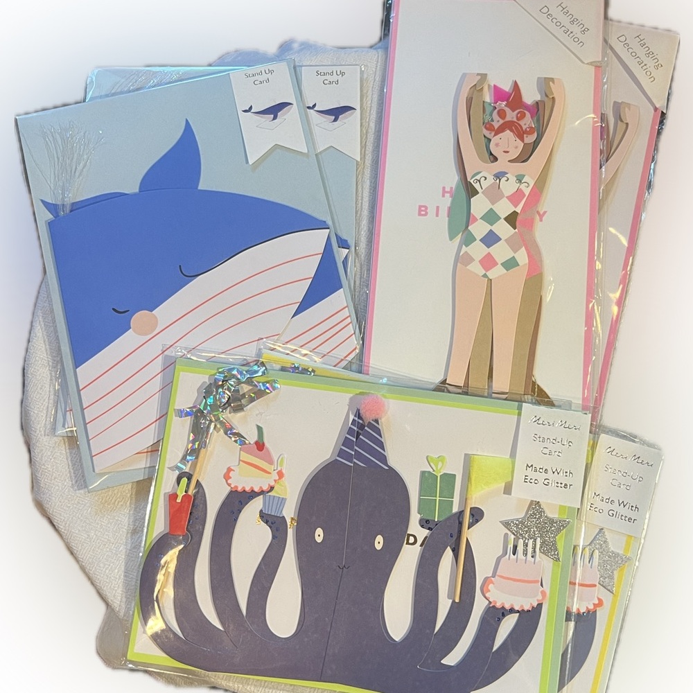 Birthday cards: stand-up whale & octopus/hanging acrobats-6 total=2/design-NEW